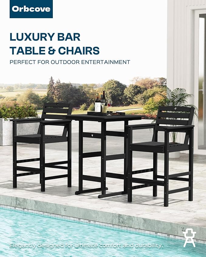 Tall Adirondack Chairs Set of 4, HDPE Wood Balcony Adirondack Chairs Set with Heart Cutout Design, Weather-Resistant Bar Height Furniture for Deck, Porch, Pool (Black)