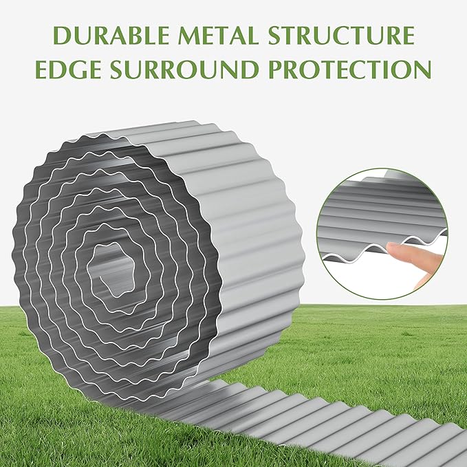 Metal Garden Edging Border, Corrugated Steel Landscaping, DIY for Lawn (Silver, 6 Inch x 40FT)