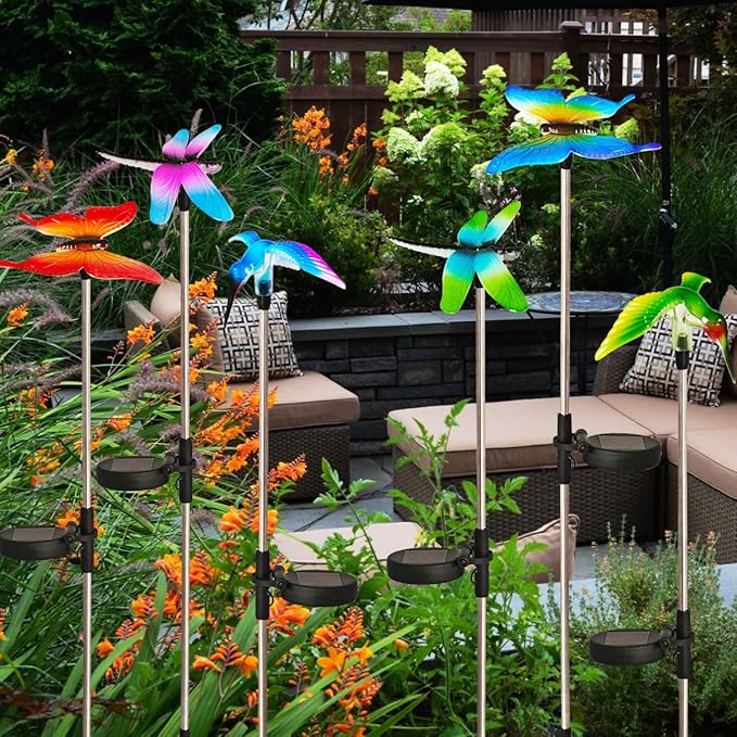 EiGreen 6 Pack Solar Garden Stake Lights Outdoor, Yard Figurine Stake Light, Flower Hummingbird Dragonfly Butterfly for Patio Yard Pathway Decoration (Garden)