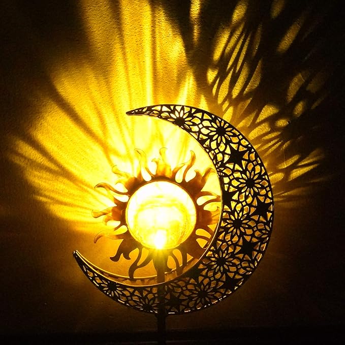 Solar Garden Statues Outdoor Decor, Moon Sun Figurine Light Stake, Housewarming Ornament for Patio, Lawn, Yard, Pathway - Unique Gift Ideas for Gardening Mom Grandma
