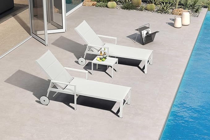 PURPLE LEAF Outdoor Chaise Lounge Set Adjustable Sunbathing Recliner with Armrest and Side Table for Poolside Beach Outside Patio Aluminum Chaise Lounger Cream