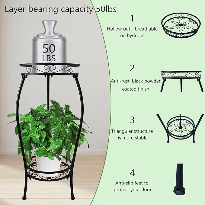 CASIMR 2Pack Plant Stand Indoor Outdoor, 2 Tier 26.6" Tall Metal Potted Holder Rack Multiple Flower Pot Stand Heavy Duty Plant Shelf Rustproof Iron Plant Round Supports Rack