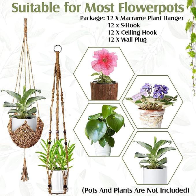 Hoteam 12 Pcs Macrame Plant Hangers Macrame Hanging Planters for Indoor Plants Handmade Boho Hanging Baskets Flower Pots Holder for Outdoor Home Wall Decor
