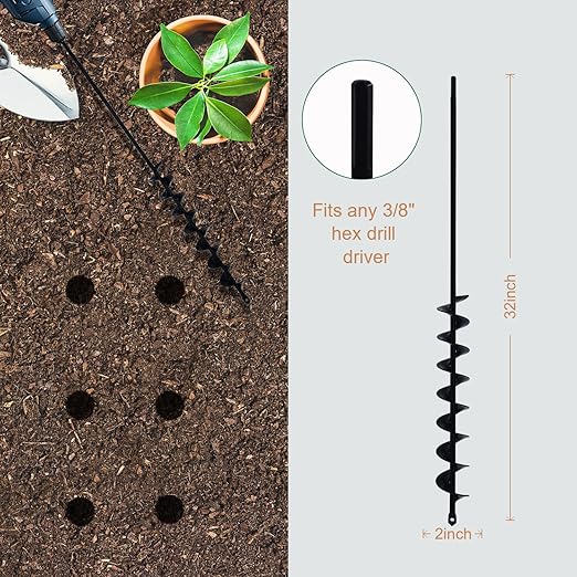 32" x 2" Extended Length Auger Drill Bit for Planting Bulb & Bedding Plant Auger, Garden Plant Auger, No Need to Squat Post Hole Digger for 3/8" Hex Drive Drill, Earth Auger Bulb Planter Tool