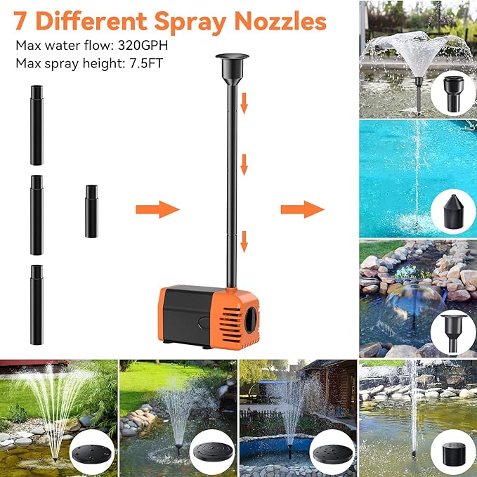 POPOSOAP 20W Solar Water Pump, Solar Powered Water Pump Outdoor with 320GPH Solar Pump, 7 Sprayers, 16.4ft Cable, 6.6ft Tubing for Outdoor Pond, Fish Tank and Garden Water Features