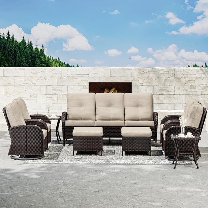 Joyside 9 Piece Patio Furniture Set, Outdoor Wicker Conversation Sets with Swivel Rocker Chairs and Sofa, Thick Cushion, Rattan Patio Sectional for Porch, Deck Use (Brown/Beige, 9 PCS)