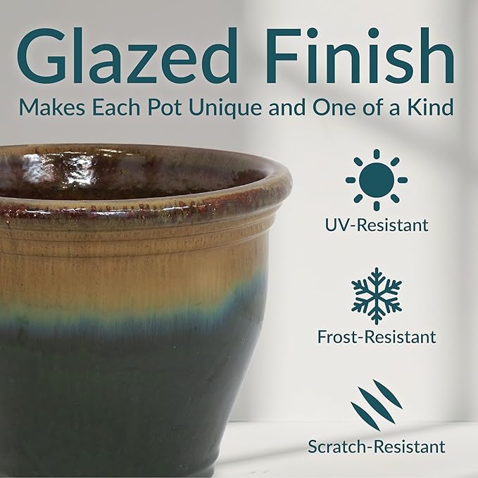 Sunnydaze Studio Large Ceramic Plant Pot - Round Outdoor Glazed Ceramic Planter Pot with Drainage - Forest Lake Green - 14.5"