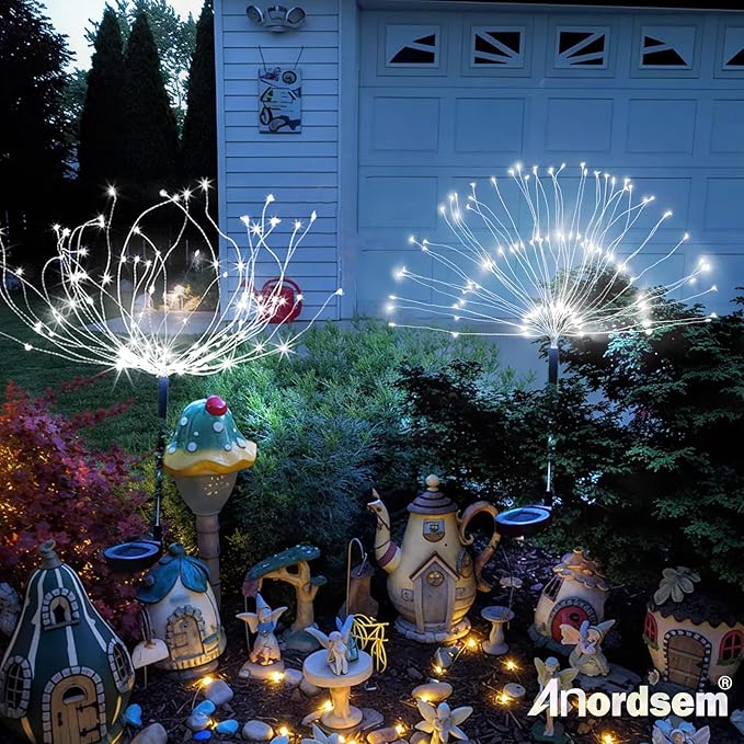 Anordsem Solar Fireworks Lights Outdoor: Garden Light Waterproof for Yard Outside - LED Starburst White Lighting Patio Pathway Decor 2 Pack - Sparkler Gardening Gifts for Women Homeowner
