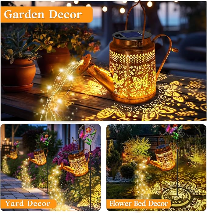 Solar Powered Butterfly Watering Can Lights Waterproof Outdoor Garden Decor with Shepherd Hook Hanging Patio Lights for Yard, Porch, Backyard Perfect Gardening & Birthday Gift for Women, Mom, Grandma