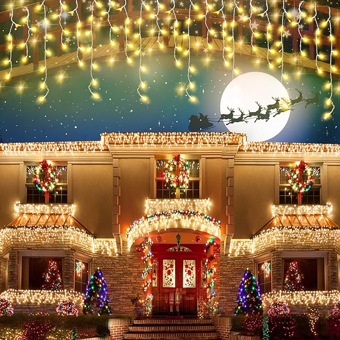 DDMY Christmas Lights Outdoor Decorations 416 LEDs 34 FT 8 Modes Curtain String Light with 78 Drops, Waterproof Clear Wire LED Light for Christmas Party Decor, House, Garden, Yard Decoration