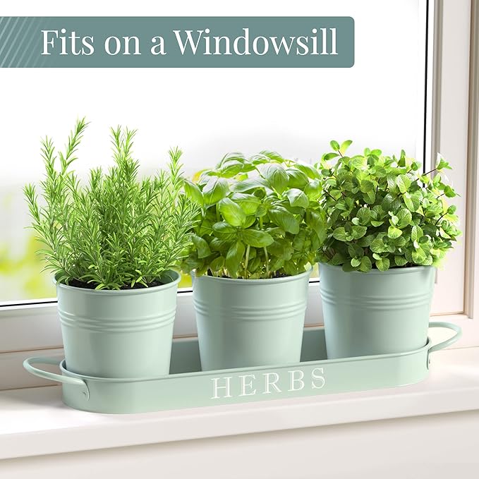 Barnyard Designs Indoor Herb Garden Planter Set with Tray, Metal Windowsill Plant Pots with Drainage for Outdoor or Indoor Plants, Set/3 (Soft Mint)
