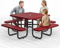 Metal Picnic Tables for Outdoors with Umbrella Hole - Coated Steel Heavy Duty Commercial Grade Table with Adjustable Seats (Red, 46 in, Square, Punched Steel)