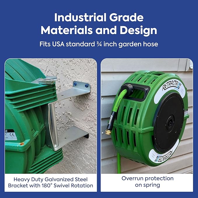 Macnaught Retractable Garden Hose Reel, 82 Ft Water Hose Reel Heavy Duty Retractable Hose with Metal 180° Swivel Rotation Bracket for Wall Mount - Green