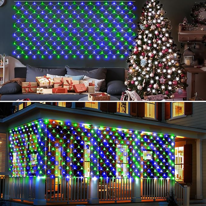 KNONEW Christmas Net Lights 360 LEDs 13ft x 9.8ft Outdoor Mesh Lights Connectable Waterproof 8 Modes & Timer Plug-in Net Fairy Lights for Bushes Garden Party Wedding Holiday,Blue and Green