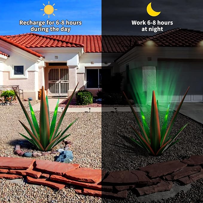 Large Tequila Rustic Sculpture, Rustic Metal Agave Plants for Outdoor, Metal Agave Garden Yard Statue, Outdoor Lawn Ornaments Yard Stakes (Rusty - L (W/Solar Light))