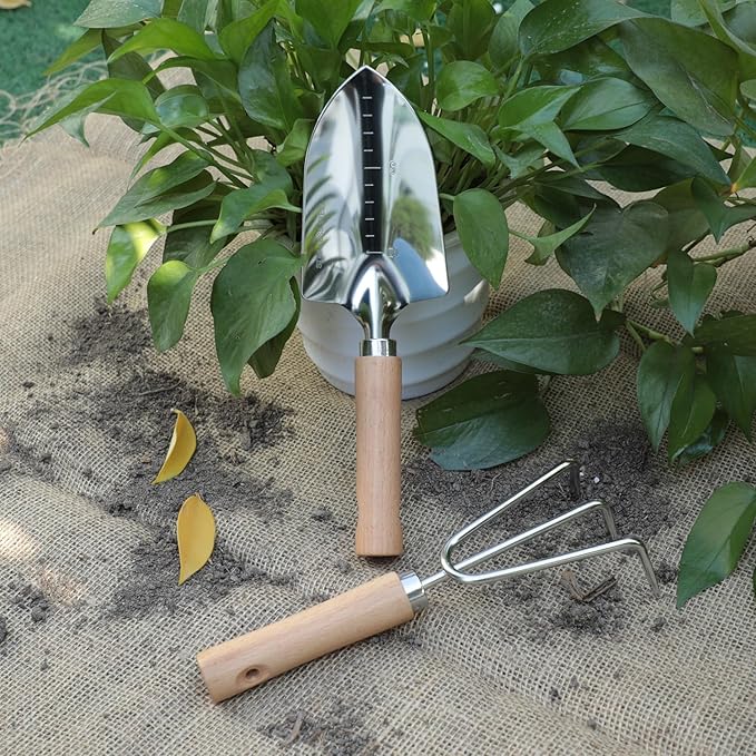 Garden Tool Set, 2 Pieces Stainless Steel Heavy Duty Garden Tools, Gardening Kit with Wooden Handle Garden Hand Tools, Durable Garden Tools for Gardening, Gardening Gifts for Women Men