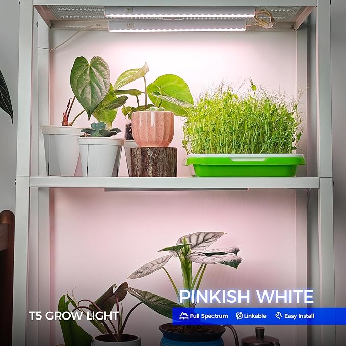 Barrina Grow Lights for Indoor Plants, Full Spectrum Sunlight, 1ft Plant Light for Indoor Growing, LED Grow Light Bulbs, T5 Grow Light Strip, Plug and Play, Pinkish White, 8-Pack
