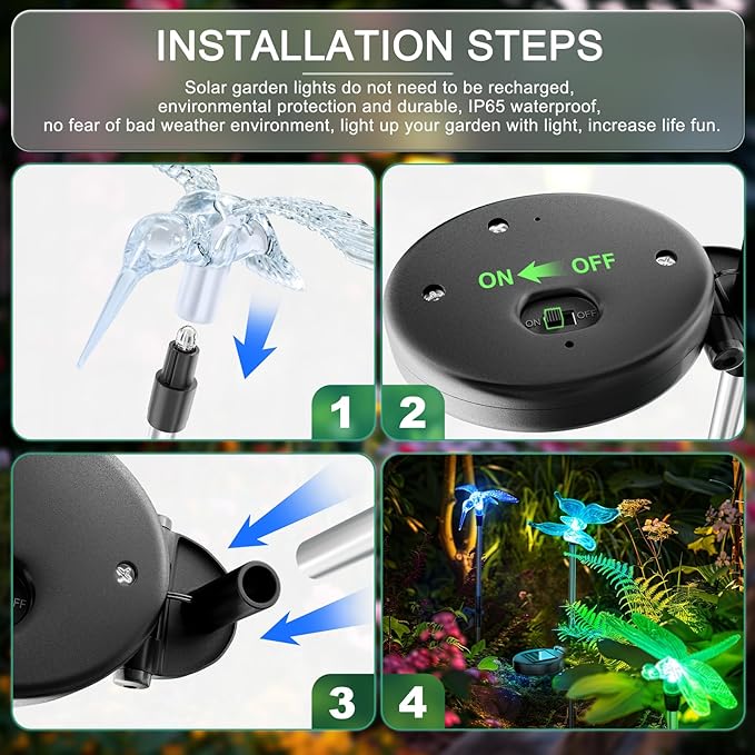 Anordsem Solar Lights Outdoor Decorations: Garden Stake Light Waterproof for Yard Decor Outside - LED Dragonfly Hummingbird Butterfly Lamp for Patio Pathway Home