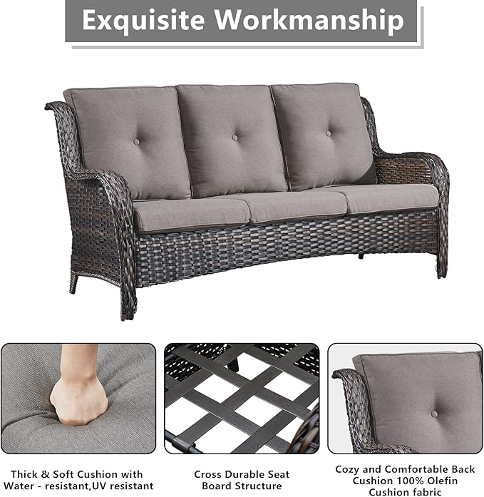 Outdoor Wicker Patio Furniture Set - 5 Piece Rattan Patio Conversation Set with 2 Rocking Swivel Chairs,2 Ottomans and 1 Sofa for Porch Deck Backyard Garden(Brown/Grey)
