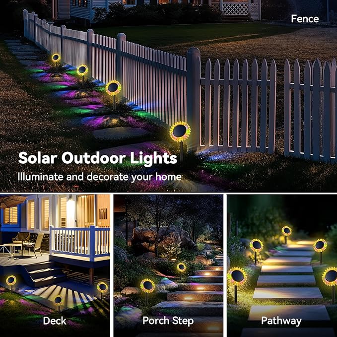 Outdoor Solar Lights, 2 Pack Led Solar Sunflower Lights, Stake/Wall 2-in-1 Waterproof Solar Garden Lights for Yard, Landscape, Fence, Patio, Driveway, Pathway, Backyard Decoration (Colourful)