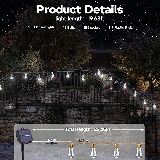 Solar Outdoor String Lights, 2 Pack 20Ft Vintage Rope Hemp Solar Patio Lights, Waterproof White Solar Powered String Lights With 8 Modes 16 Shatterproof Bulbs for Garden Stairs Balcony Café Bistro