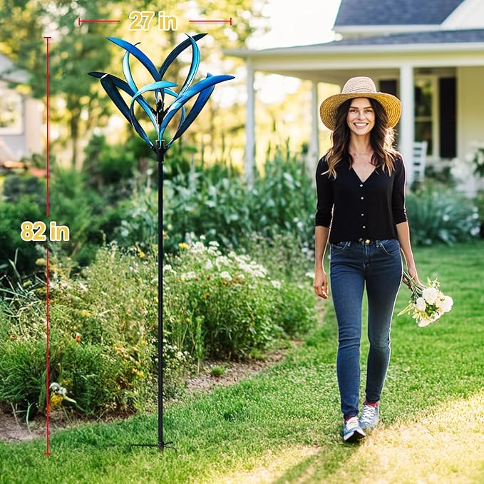 LimeHill Wind Spinner for Yard and Garden - Large Metal Kinetic Wind Sculptures for Outdoor Decorations (Blue Lotus 2)