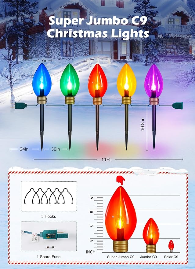 Minetom 11Feet 5 LED Super Jumbo Christmas String Lights or Pathway Marker Lights, Outdoor Xmas Decorations- Jumbo C9 Hanging Lights Waterproof Lawn Dec for Holiday Home Tree Roof Yard Garden
