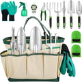 Garden Tool Set, 11 Piece Stainless Steel Heavy Duty Gardening Supplies with Green Black Handle Outdoor Weeding Gifts for Women
