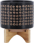 Sagebook Home 9.25" H 8" Diameter Natural Sand and Deep Brown Glazed Ceramic Dotted Planter on Brown Rubberwood Stand for Indoor and Outdoor Decorating