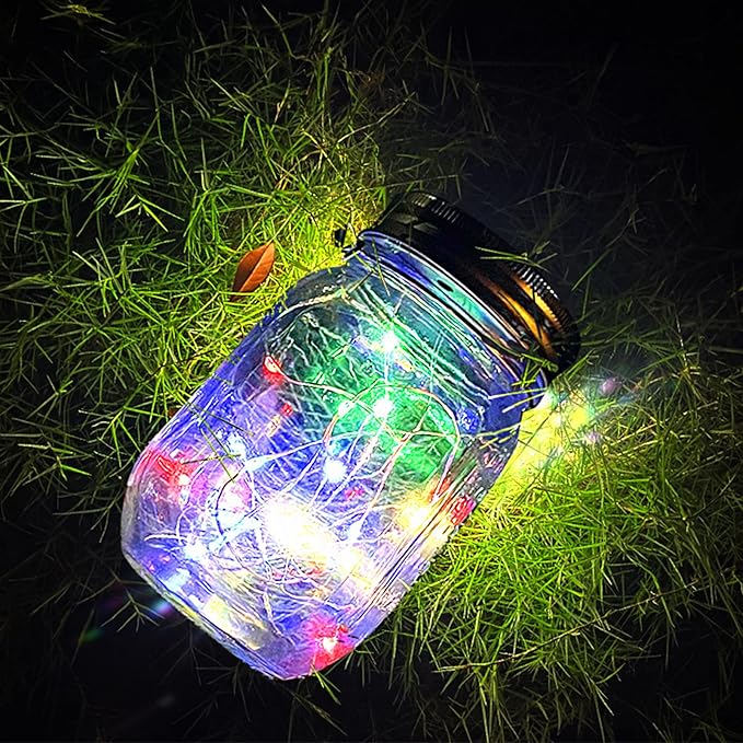 Hanging Solar Mason Jar Lights,ZQX 4 Pack 20 Led String Hanging Mason Jar Lanterns for Outdoor,Great Decor Light for Outside Patio Garden Yard Fence Wedding Table,Hangers and Jars Included（Multicolor）