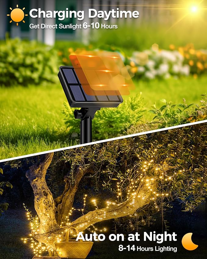 1 Pack Solar Fairy Lights for Outside Waterproof, 49FT/15M 150LED Solar String Lights Outdoor 8 Modes Solar Twinkle Lights for Garden Yard Christmas Tree Wedding Party Decor, Warm White