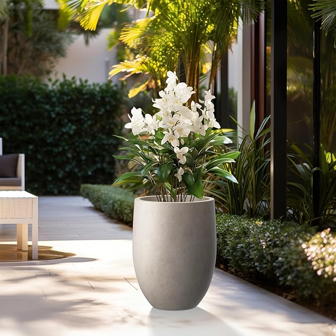 Kante 21.7" H Buff Concrete Tall Planter, Large Outdoor Indoor Decorative Pot with Drainage Hole and Rubber Plug, Modern Round Style for Home and Garden