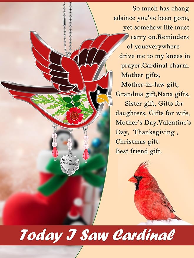 KY&BOSAM Cardinal Suncatcher Precious Grandmother Glass Hanging for Windows Wind Chime Ornament with Pressed Real Flowe and Heart Charm Birthday Gifts for Women Mother's Day Christmas