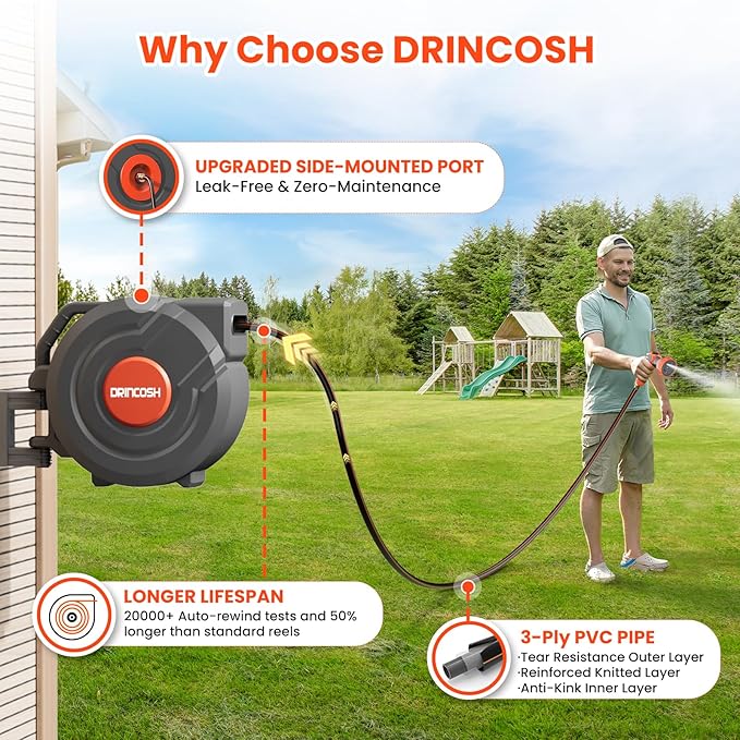 Upgraded Retractable Garden Hose Reels 130 ft X 1/2" PRO Metal Bracket 180° Swivel Any Length Lock Heavy Duty Water Hose Reels Wall Mount 9 Pattern Nozzle Garden Watering