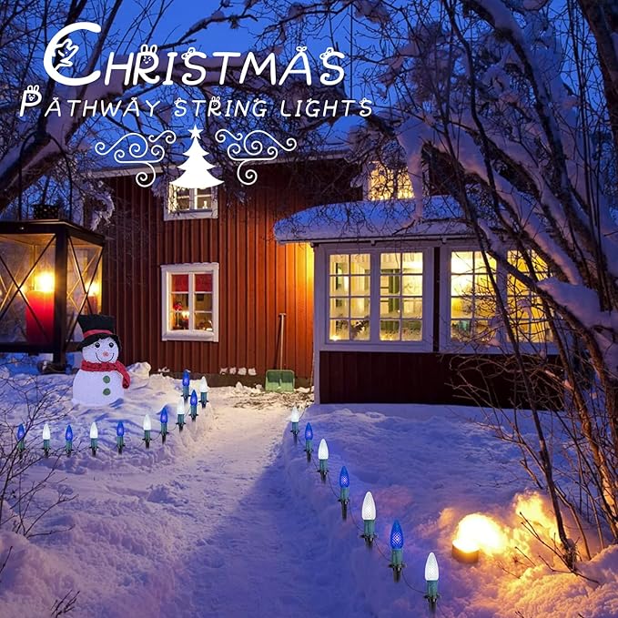 Brightown Strawberry C9 Christmas String Lights Outdoor - 25.7FT 20 LED Pathway, Connectable C9 Walkway, Waterproof Decoration for Lawn Outside - Blue & Pure White