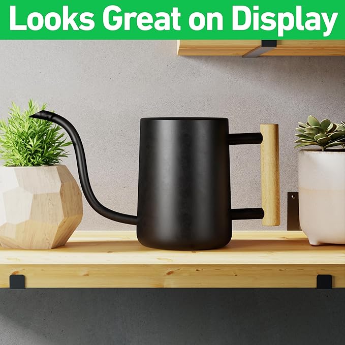 35 Ounce Metal Small Indoor Watering Can with Long Spout & Real Wood Handle for House Plants, Succulents, Cacti & Seedlings - Black Long Spout Watering Can Indoor Plants - Gentle Flow & No Spills