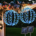 Flacchi Solar Powered Hanging Iron Sphere Lights with Artificial Greenery – 12Inch 120 LED Waterproof Outdoor Decor Ball Light with Timer & 8 Modes – 2 Pack for Garden, Christmas, Weddings(Blue)