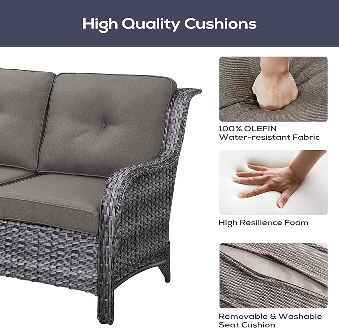 Outdoor Patio Furniture Set with 50000BTU Propane Fire Pit Table, 4 Pieces Wicker Patio Conversation Set with 2 Swivel Rocker Glider Chairs Rattan Sofa Grey Cushion Perfect for Gathering
