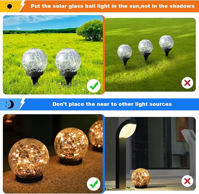 Solar Globe Lights Outdoor Waterproof-Solar Balls-Solar Garden Lights-Solar Orbs for Outside 2 Pack Cracked Glass Ball for Lawn Patio Yard Backyard Decorations