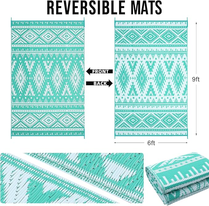 OLANLY Outdoor Rug Waterproof 6x9 ft, Reversible Outdoor Plastic Straw Rug, Boho Patio Rug, Indoor Outdoor Carpet, RV Mat Outside for Patio, Camp, Picnic, Balcony, Deck, Backyard, Turquoise & White