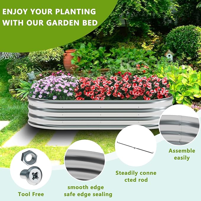 zizin Galvanized Raised Garden Bed Metal Oval Raised Garden Beds Outdoor Planter Box for Vegetables (6x3x1.3FT, Silver)