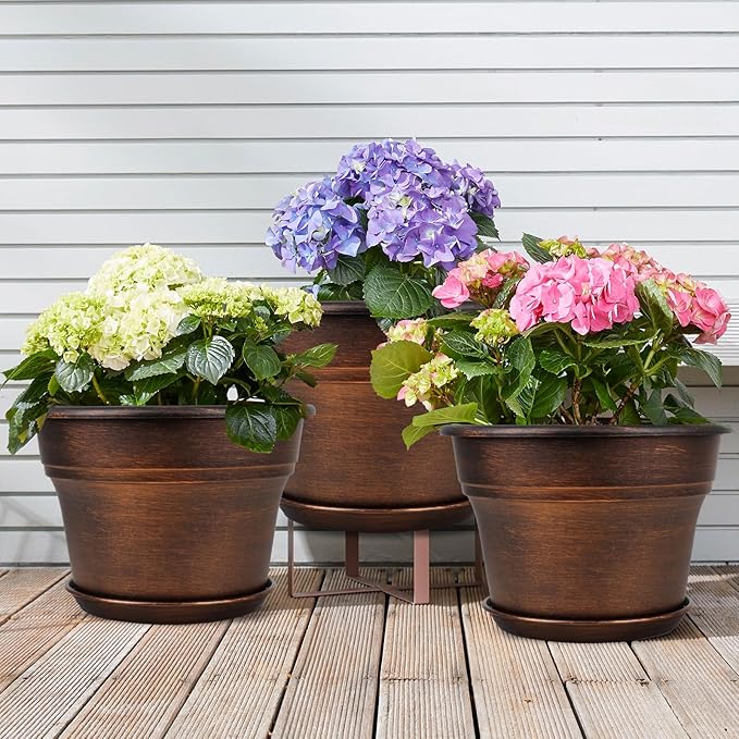 Plant Planters Pots Set of 6 Pack 6 Inch, Plastic Flower Pot for Indoor Plants with Drainage Holes & Trays, Resin Decorative Container Sets with Saucer for House Outdoor Garden Planters Dark Gold