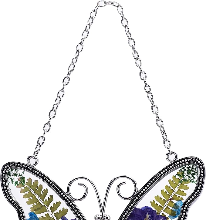 Laraine Butterfly Suncatcher with Pressed Flower Wings Mom Mother's Day Butterfly Glass Wind Chime Ornament Charm with Metal Heart Gifts for Mom Grandma Aunt Birthday (Purple Love (with Free Hook))
