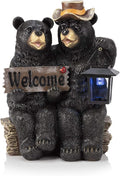 Alpine Corporation 15" Tall Outdoor Bear Couple with Lantern and Welcome Sign Statue with Solar LED Light Yard Art Decoration