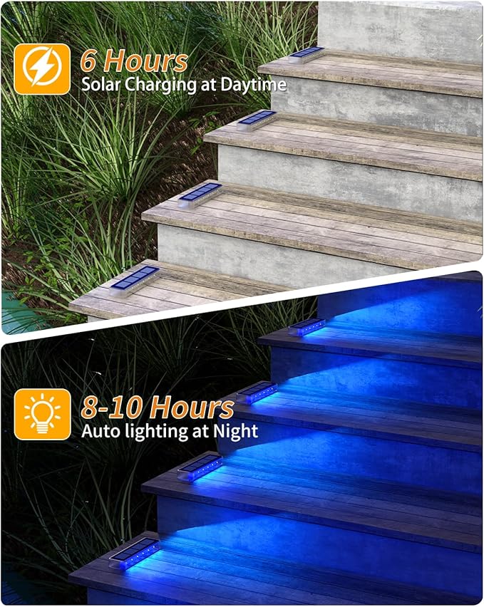 Solar Step Lights for Outside, 2 Pack Solar Stair Lights, Blue Outdoor Deck Light Waterproof, Outdoor Light Solar Powered for Deck, Dock, Pathway, Porch, Path, Ground, Backyard