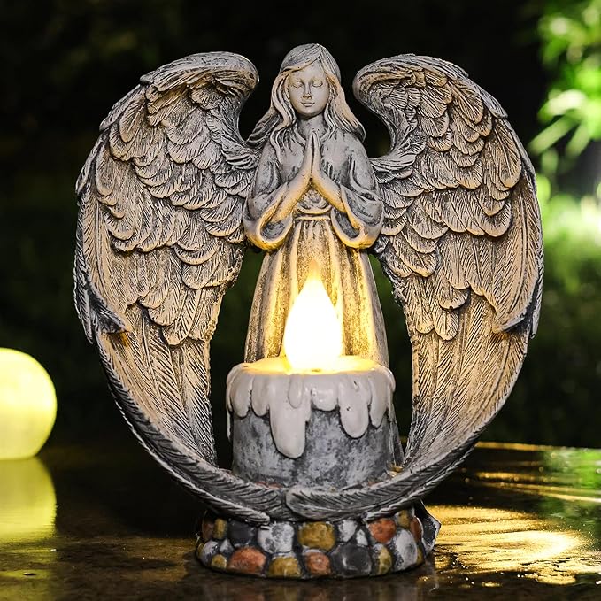 Angel Garden Statues Outdoor Cemetery Decorations for Grave Take The Cross Praying Wings Angel Figurine Cemetery Lights Patio Lawn Yard Porch Decorations 10.24 Inch