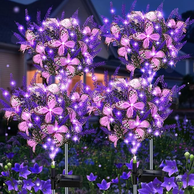 Solar Garden Lights Outdoor, 4 Pack Purple Lavender Solar Butterfly Lights Gardening Gifts for Women, Purple Artificial Flower with Butterfly Garden Decor for Lawn Patio