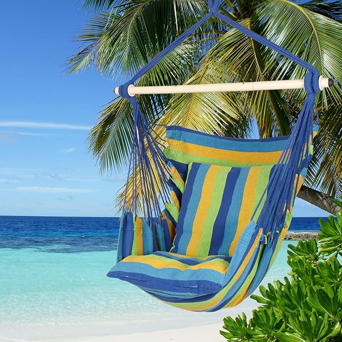 Highwild Hammock Chair Hanging Rope Swing - Max 500 Lbs - 2 Cushions Included - Steel Spreader Bar with Anti-Slip Rings - for Any Indoor or Outdoor Spaces (Blue Striped)