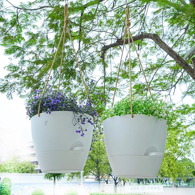 10 Inch Self Watering Hanging Pots, 2 Pack Hanging Planters with 40oZ Deep Reservior for Indoor Outdoor Plants Flowers, White