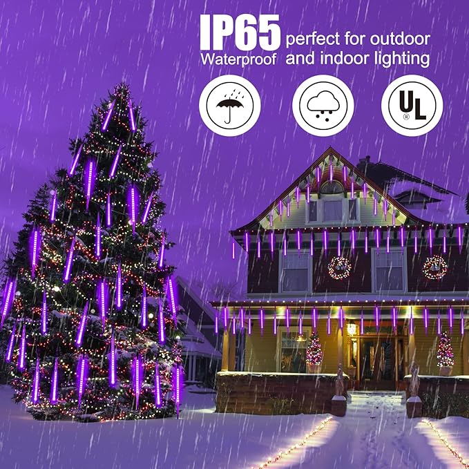 Purple Solar Christmas Lights, 16 Inches 8 Tube 288 LED Solar Meteor Shower Lights with 16 Tubes, Icicle Fairy String Lights for Christmas Decorations Tree Party Yard, Purple